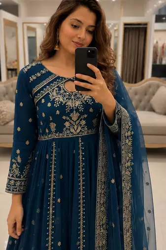 Blue faux georgette sequins  free size  flared gown set