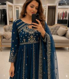 Blue faux georgette sequins  free size  flared gown set