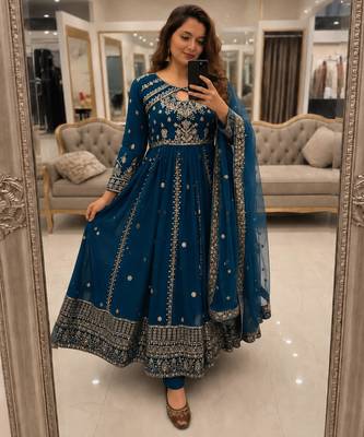 Blue faux georgette sequins  free size  flared gown set 1