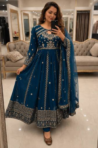 Blue faux georgette sequins  free size  flared gown set