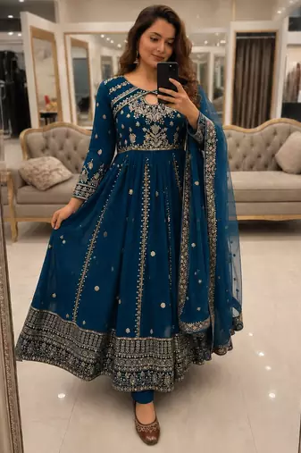 Blue faux georgette sequins  free size  flared gown set