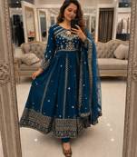 Blue faux georgette sequins  free size  flared gown set