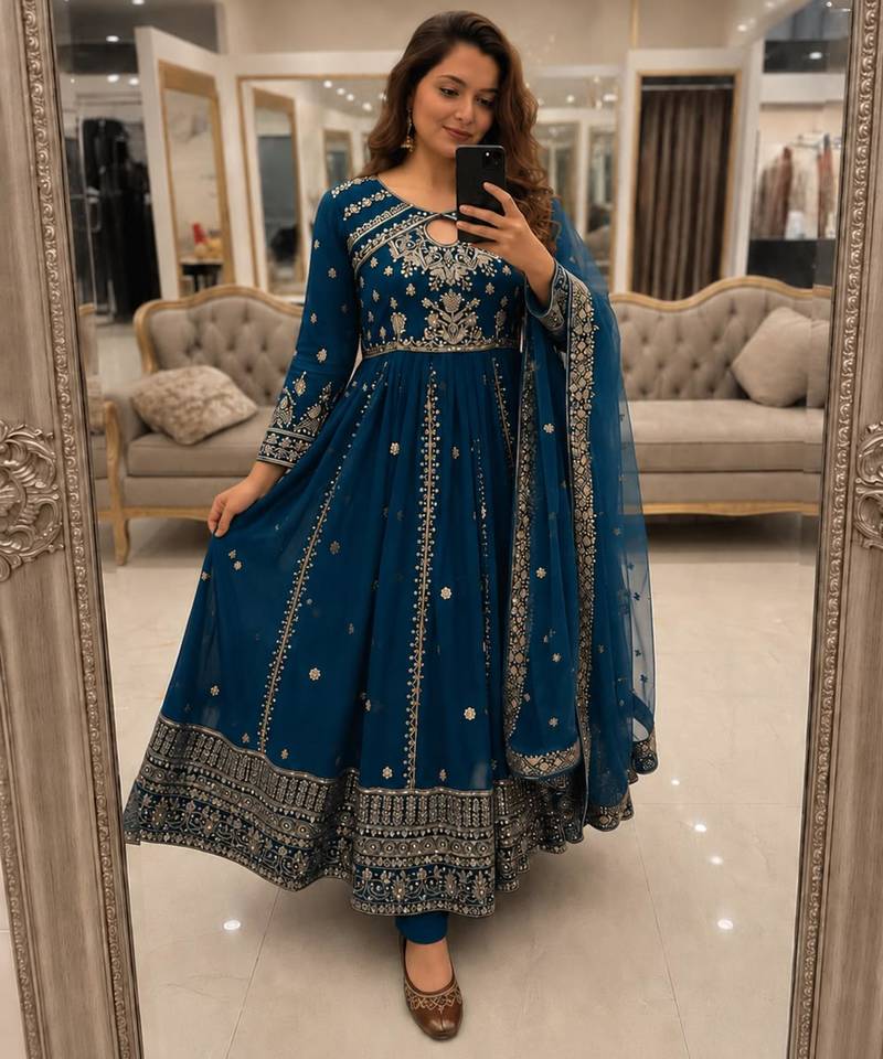 Blue faux georgette sequins  free size  flared gown set