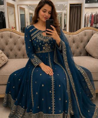 Blue faux georgette sequins  free size  flared gown set 3