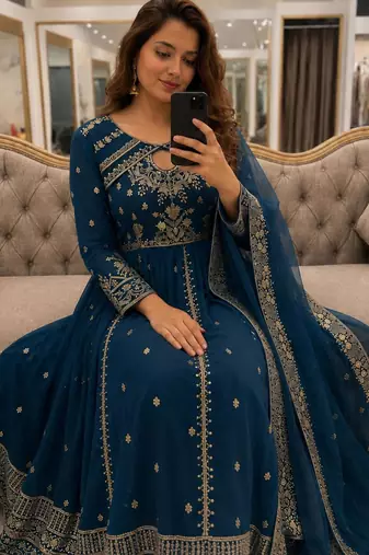 Blue faux georgette sequins  free size  flared gown set
