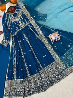 Blue faux georgette sequins  free size  flared gown set 4