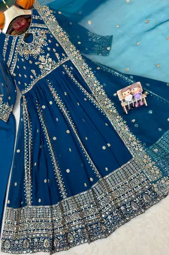 Blue faux georgette sequins  free size  flared gown set