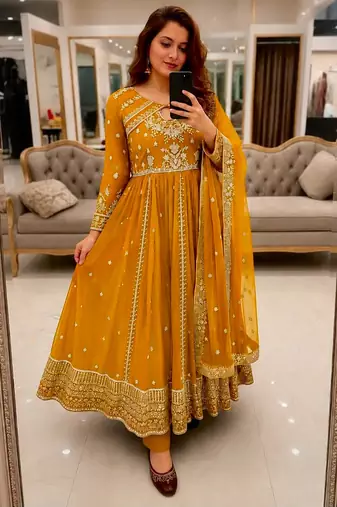 Yellow faux georgette sequins  free size flared gown set