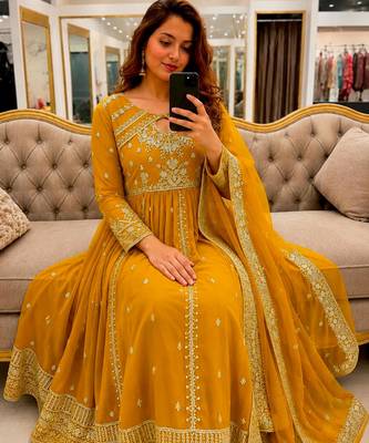 Yellow faux georgette sequins  free size flared gown set 2