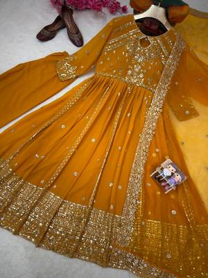 Yellow faux georgette sequins  free size flared gown set 3