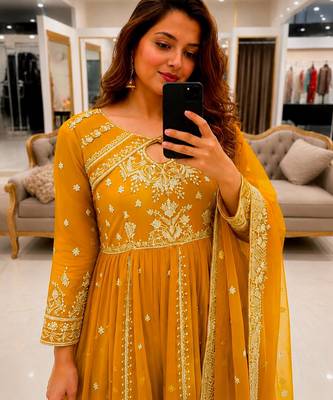 Yellow faux georgette sequins  free size flared gown set 4