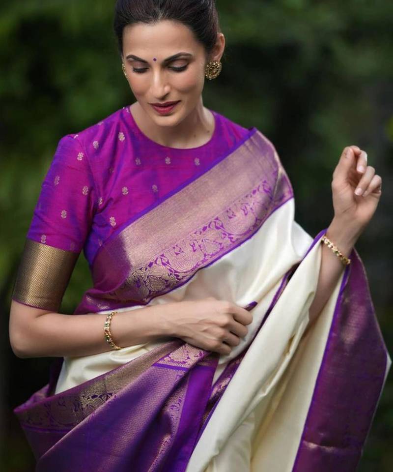 Purple art silk woven saree with zari work