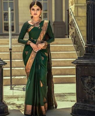 Green art silk woven saree with zari work 1