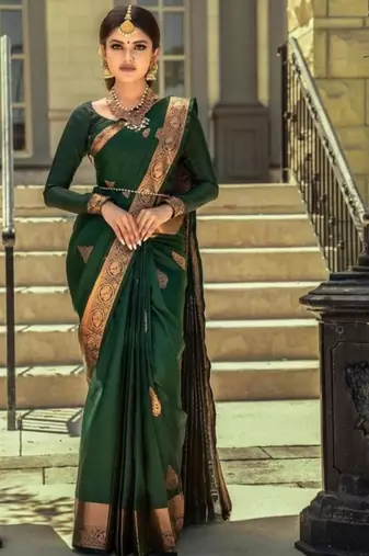 Green art silk woven saree with zari work