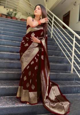 Maroon art silk woven saree with zari work 1