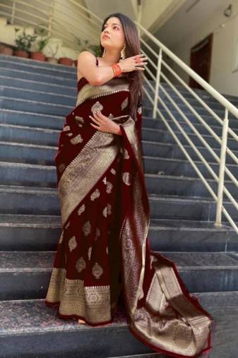 Maroon art silk woven saree with zari work
