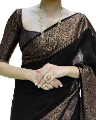 Black art silk woven saree with zari work 2