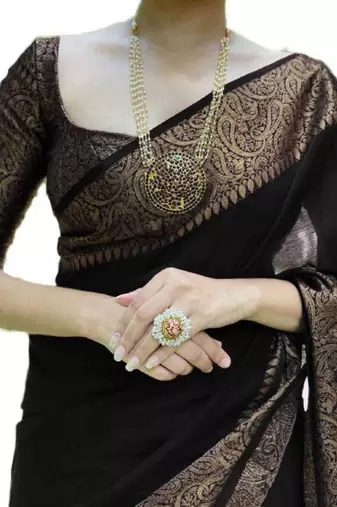 Black art silk woven saree with zari work