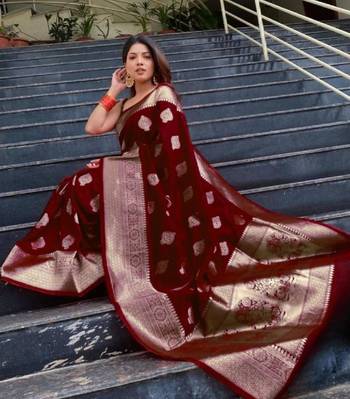 Maroon art silk woven saree with zari work 3