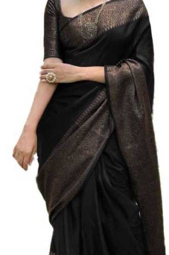 Black art silk woven saree with zari work