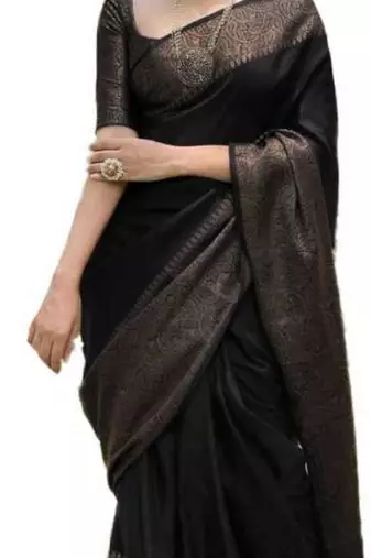Black art silk woven saree with zari work