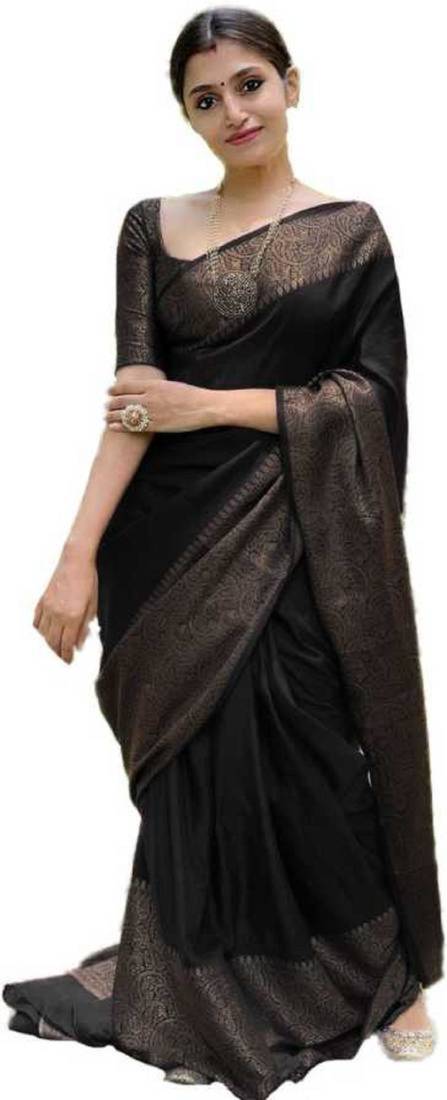 Black art silk woven saree with zari work