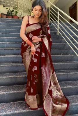 Maroon art silk woven saree with zari work 4