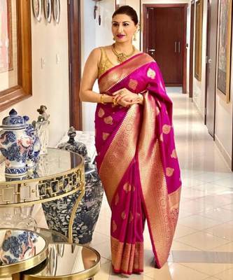 Pink art silk woven saree with zari work 1