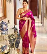 Pink art silk woven saree with zari work