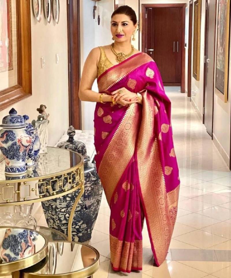 Pink art silk woven saree with zari work