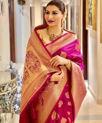 Pink art silk woven saree with zari work 2