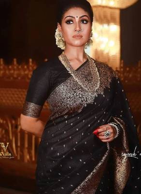 Black art silk woven saree with zari work 3
