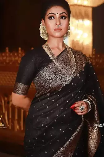 Black art silk woven saree with zari work