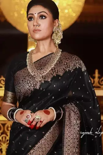 Black art silk woven saree with zari work