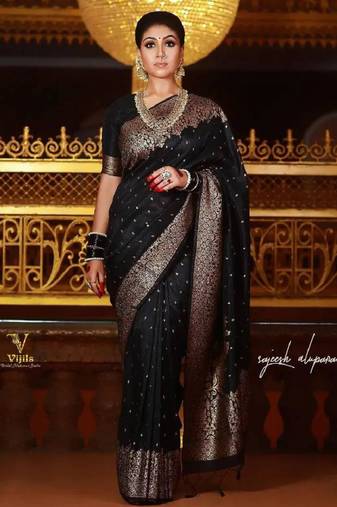Black art silk woven saree with zari work