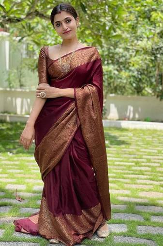 Maroon art silk woven saree with zari work