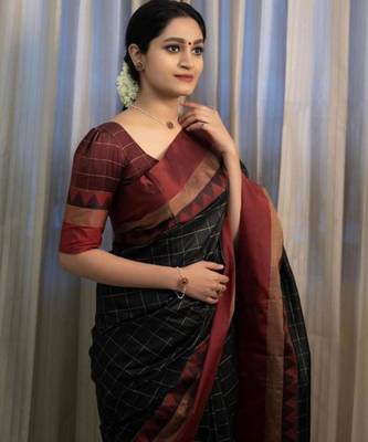 Black art silk woven saree with zari work 2
