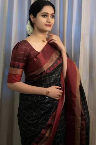 Black art silk woven saree with zari work