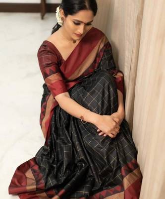 Black art silk woven saree with zari work 1