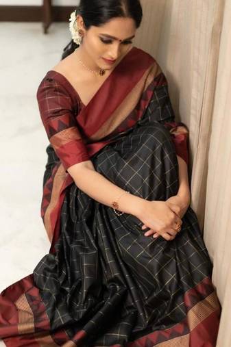 Black art silk woven saree with zari work