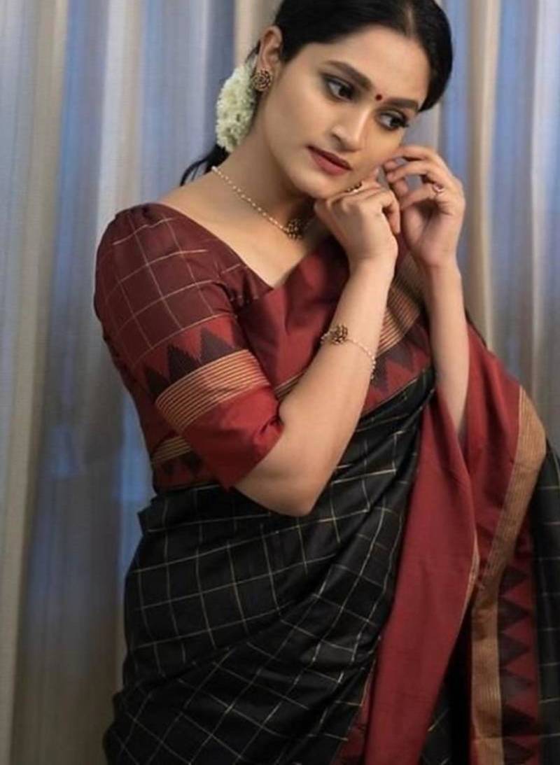 Black art silk woven saree with zari work