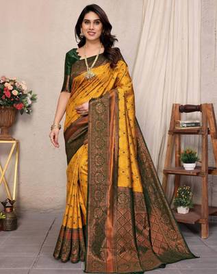 Yellow art silk woven saree with zari work 1