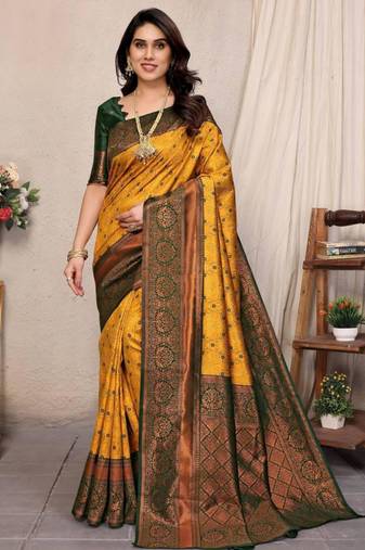 Yellow art silk woven saree with zari work