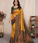 Yellow art silk woven saree with zari work