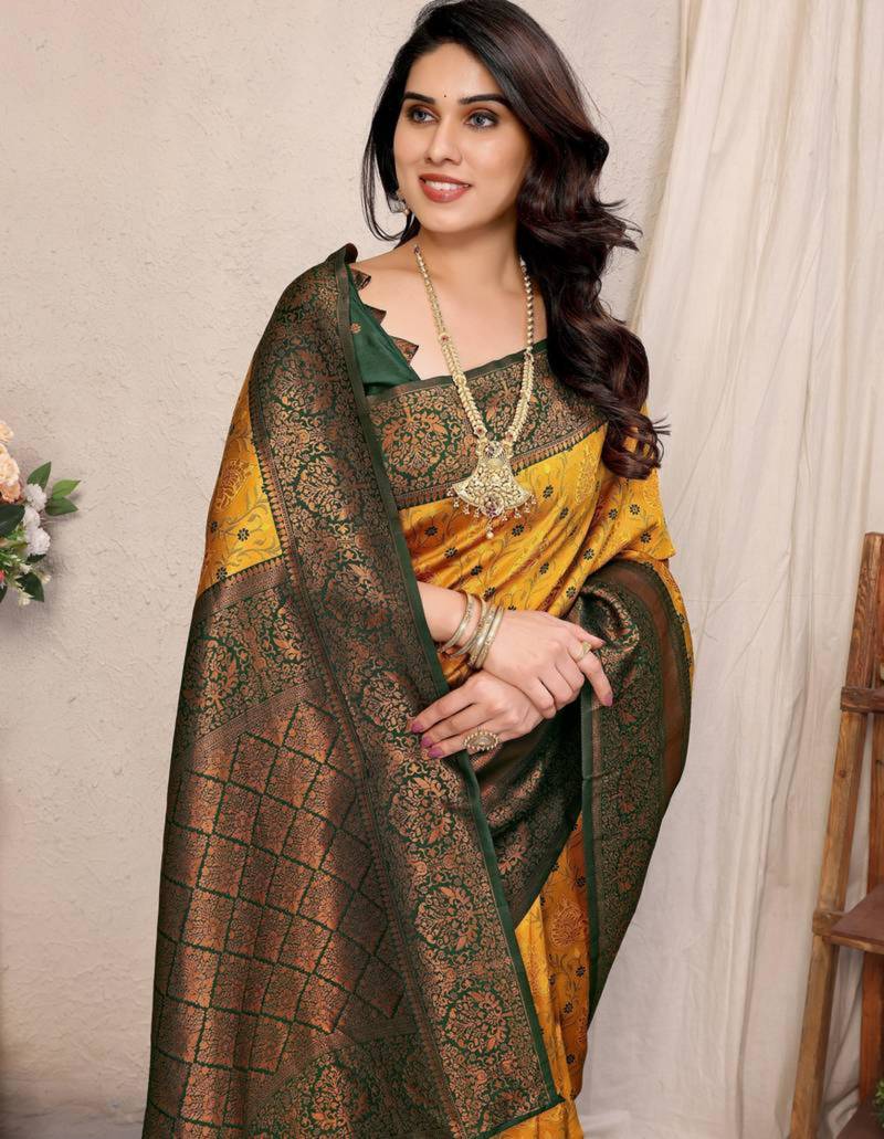 Yellow art silk woven saree with zari work