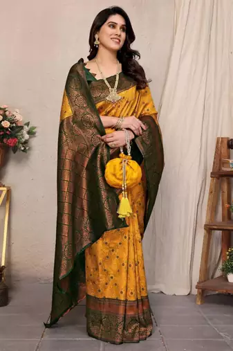 Yellow art silk woven saree with zari work