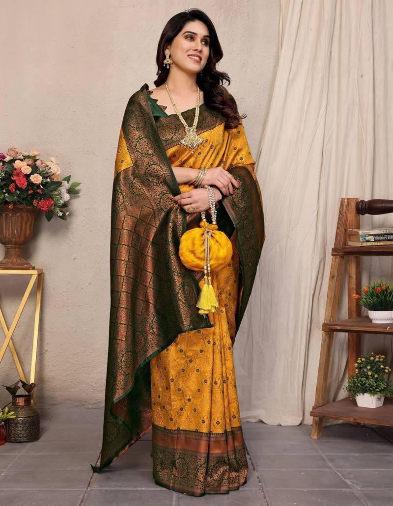 Yellow art silk woven saree with zari work