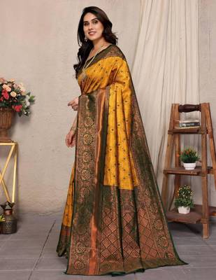 Yellow art silk woven saree with zari work 4