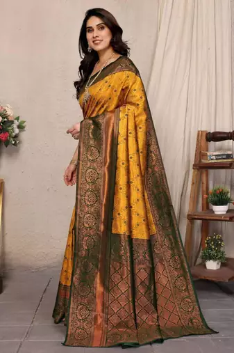 Yellow art silk woven saree with zari work