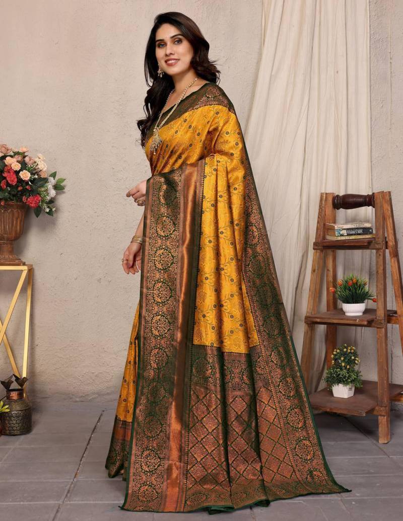 Yellow art silk woven saree with zari work
